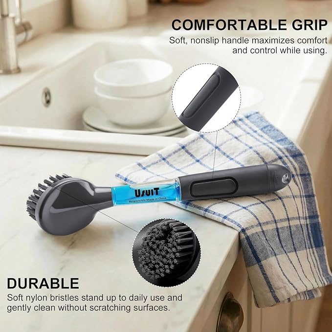 Soap Dispensing Dish Brush (2 Pack) – Ergonomic Kitchen Scrub Brush with Soap Dispenser Handle – Non-Slip Dish Scrubber for Pot, Pan, and Sink Cleaning – Easy-to-Handle Washing Brushes for Home