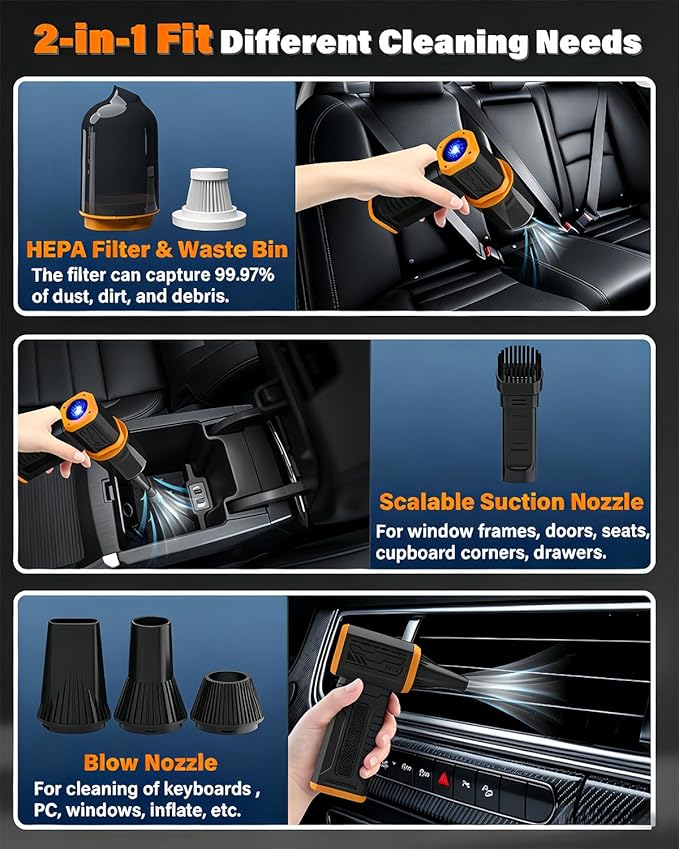 Compressed Air Duster, 130K RPM Powerful Cordless Mini Blower with Display, 10-Gear Adjustable Car Vacuum with Fast Charging, Rechargeable Handheld Vacuum for Home, Outdoor and Car (Black, 2-in-1)
