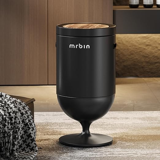 MRBIN Metal Motion Sensor Trash Can with Lid, 5.3 Gallon Wine Glass Shaped Automatic Waste Basket Touchless, Smart Round Tall Garbage with High Leg for Office, Bedroom, Kitchen, Black