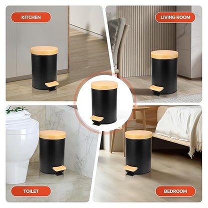 Small Bathroom Trash Can with Natural Bamboo Lid Soft Close，3 Liter / 0.8 GallonStainless Steel Garbage Can with Removable Inner Bucket andStep Pedal（Black）
