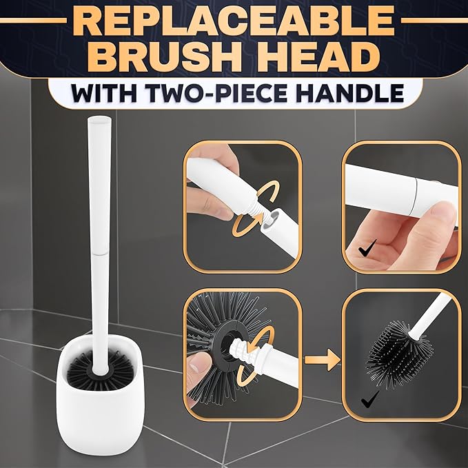 Toilet Brush and Holder Set - Silicone Toilet Bowl Brush with White Holder Base, Compact Bath Accessory for Small Spaces - Easy to Place and Simple to Store After Use, Plastic Bathroom Cleaning Tool
