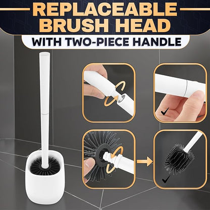 Toilet Brush and Holder Set - Silicone Toilet Bowl Brush with White Holder Base, Compact Bath Accessory for Small Spaces - Easy to Place and Simple to Store After Use, Plastic Bathroom Cleaning Tool