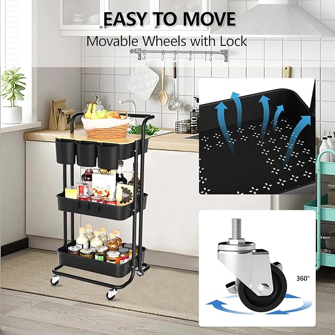 3 Tier Rolling Cart with Metal Handle, Table Top, Hanging Cups, Hooks, Plastic Storage Baskets& Wheels Lockable, Utility Cart for Bathroom Classroom Office Kitchen Pantry Organizers and Storage, Black