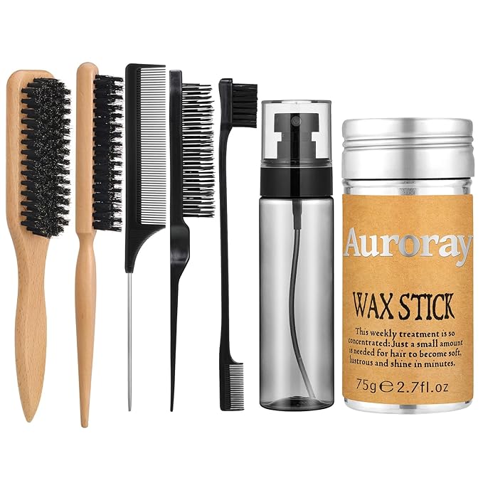Boar Bristle Hair Brush, Slick Back Hair Brush, Hair Wax Stick and Spray Bottle for Women Men Sectioning Smoothing Parting Flyaways Hairs