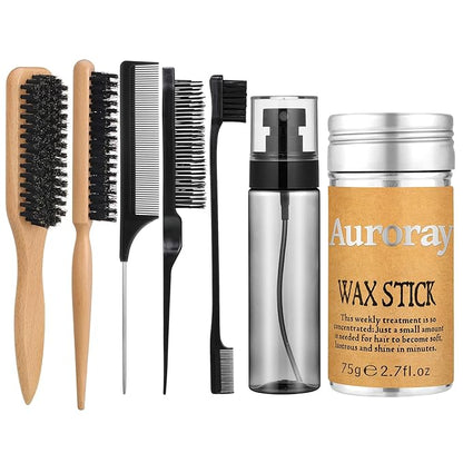 Boar Bristle Hair Brush, Slick Back Hair Brush, Hair Wax Stick and Spray Bottle for Women Men Sectioning Smoothing Parting Flyaways Hairs
