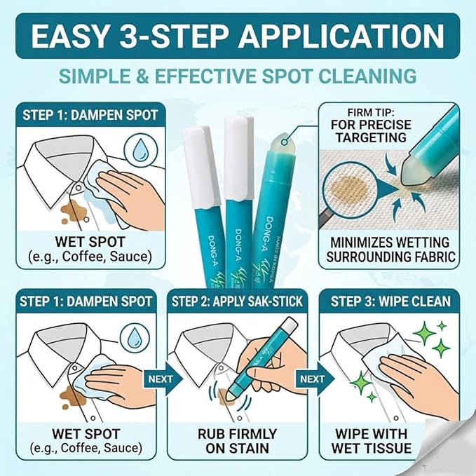 Sak-Stick Instant Stain Remover (3-Pack) - Portable Crayon Type Spot Cleaner for Clothes, No-Leak Solid Formula, Emergency Laundry Treatment for Coffee and Food Stains, Orange Scent