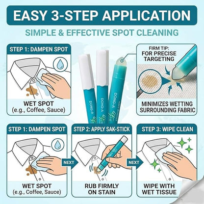 Sak-Stick Instant Stain Remover (3-Pack) - Portable Crayon Type Spot Cleaner for Clothes, No-Leak Solid Formula, Emergency Laundry Treatment for Coffee and Food Stains, Orange Scent