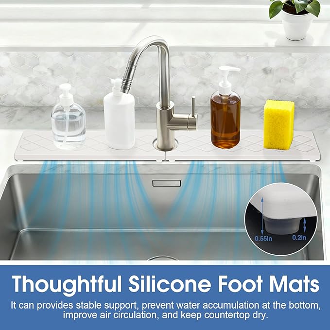 Kitchen Sink Mat, Stone Faucet Mat for Kitchen Sink with Raised Feet, Water Absorbing Stone Tray for Sink, Faucet Splash Guard, Kitchen Accessories, Matte white, 15.8" x 4"