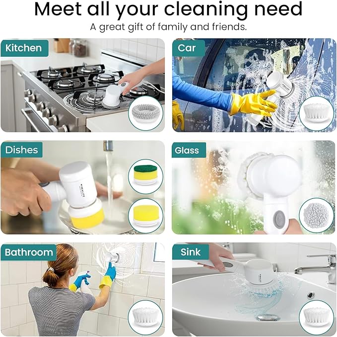 VIMALIFE Electric Spin Scrubber, Cordless Bathroom Scrubber IPX6 Waterproof with 5 Replaceable Heads, Power Scrub Brush for Shower, Tiles, Kitchen Scrub Brush for Cleaning