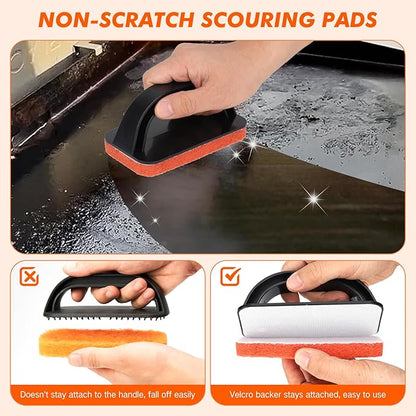 Griddle Scour Pads, Non-Scratch Nylon Scouring Pads with Handle, Grill Scrubbers, Cast Iron Polishing Pads, Heavy Duty Scrubbing Pads for Cleaning Walls- 11 Scrub Pads and 1 Handle