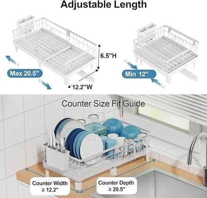 GSlife Expandable Dish Drying Rack for Kitchen Counter, 12-20.5 Inch Compact Dish Rack with Drainboard, Swivel Spout, Cup & Utensil Holder, Rust-Resistant Dish Drainer for Small Kitchen, RV, White