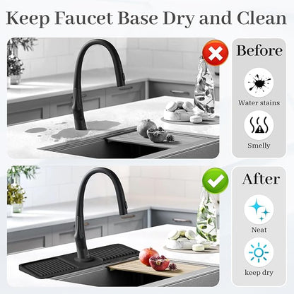 PoYang 17.7 Inch Faucet Mat for Kitchen Sink Splash Guard Behind Faucet, Sink Protectors for Kitchen Sink Faucet Mat Splash Guard for Kitchen Sink Area, Long Silicone Faucet Guard Draining Mat, Black