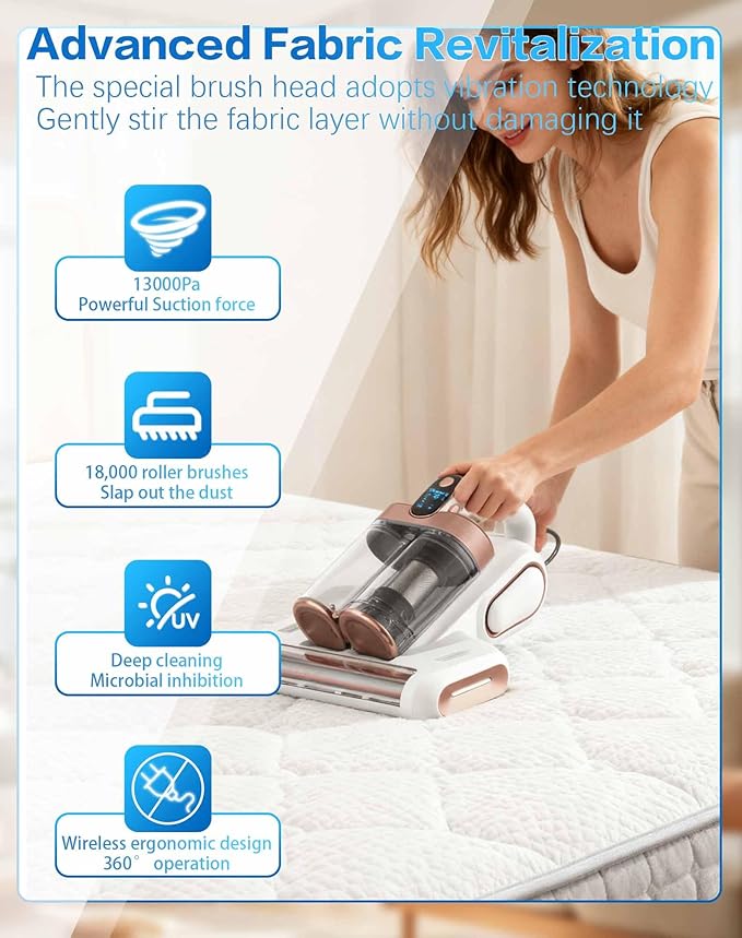Powerful UV Bed Vacuum Cleaner, Bedroom Guard - Multifunctional Wireless Handheld Mattress Vacuums Cleaners, 13Kpa Heating Cordless Vacuum Cleaner Handheld for Bed, Sofa & Carpet (White)
