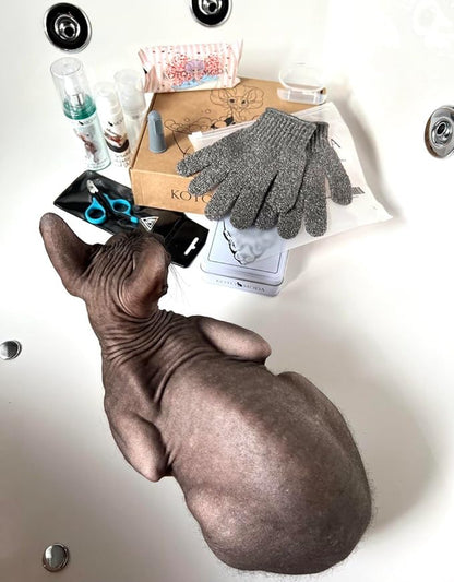 Ultimate Kit for Cats and Small Animals: Unique Care Set for Your pet Probiotic Shampoo for Sphynx and Naked Cats, Wet Wipes, Bathing Gloves, Nail Clippers, Shower caps, Finger Toothbrush