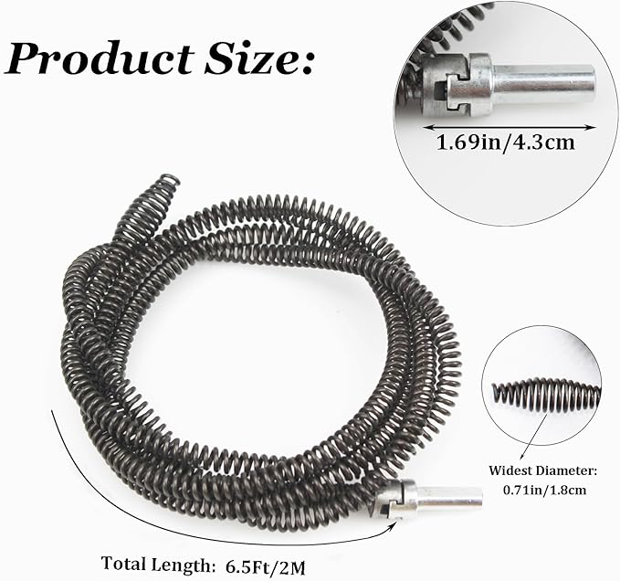 10mm Heavy-Duty Drain Auger Snake Cable with Drill Adapter - 6.5Ft/2M Flexible & Reusable Plumbing Clog Remover for Kitchen, Bathroom, Toilet, Shower Sink & Pipe