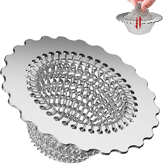 Kitchen Sink Drain Strainer, Patented 304 Stainless Steel Reversible Mesh Strainer with Flexible Chain, Handcrafted Anti-Clog Garbage Disposal Tool, Easy to Clean - 1 Pack