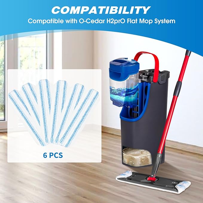 Reusable Microfiber Mop Pads Compatible with O Cedar H2prO Flat Mop System, H2prO Flat Mop Replacement Pads, H2prO Flat Mop Refills, Flat Mop Head for Floor Cleaning, Machine Washable, 6 Pack