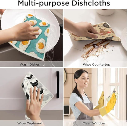 Swedish Dishcloths for Kitchen | 6 Pack Floral Reusable Paper Towels Washable | Swedish Dish Towels | Non-Scratch Cellulose Sponge Cloths | No Odor, Biodegradable Cleaning Cloths, Chicken