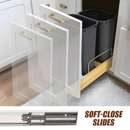 Double Pull Out Trash Can Under Cabinet, Extra Large Dual 48 Qt Bins with Wood Frame, Min Opening Width of 15.5" - Pull Out Garbage Can for Kitchen Cabinet with Soft-Close Slide Out Trash Can Cabinet
