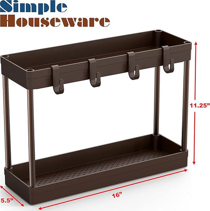 Simple Houseware 2-Tier Under Sink Organizer Storage Tray with Hooks, Brown