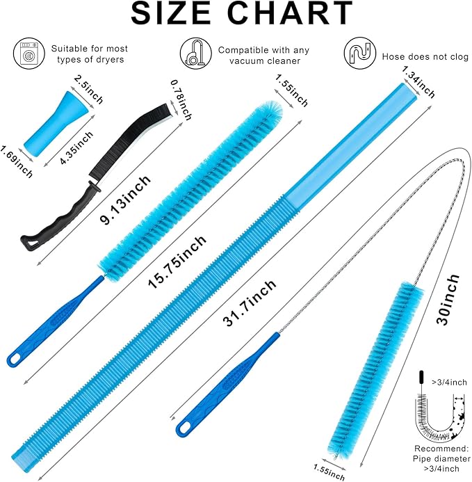 Dryer Vent Cleaner Kit‌,Universal Vacuum Hose Attachment for Lint Removal,Dryer Vacuum Hose,Blue Vent Cleaner Tool with Brush,Compatible with Mainstream dryer Lint Trap Cleaner for Vacuum Cleaner