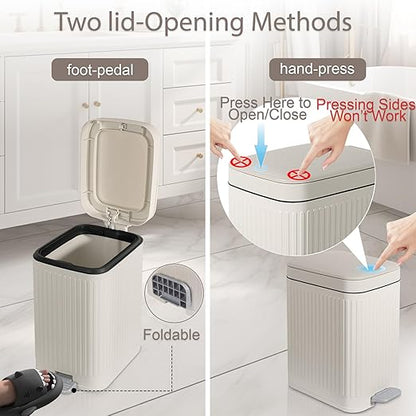 rejomiik Small Bathroom Trash Can with Lid 1.9 Gallon Step Trash Can Slim Garbage Can with Soft-Close Waste Bin for Bathroom, Bedroom, Office, Dorm, RV, Off-White