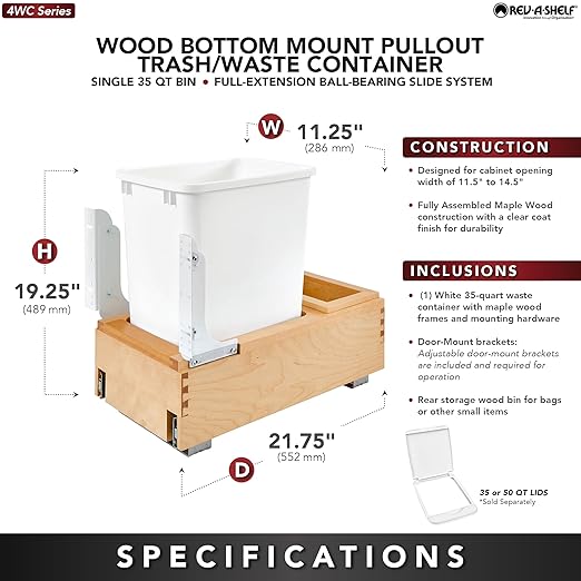 Rev-A-Shelf Single 35 Qt Wood Bottom Mount Pullout Under Cabinet Trash Can Waste Container with Full Extension Ball Bearings, Maple Wood, 4WC-15DM1