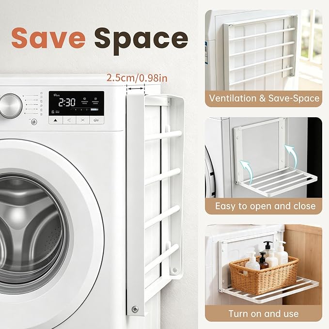 Foldable Wall Mounted Clothes Drying Rack,Space-Saving Laundry Drying Rack, Magnetic & Punch-Free Retractable Hanging Rack with 4 Drying Bars, Heavy-Duty Fold Down (White)