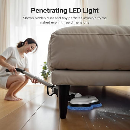 iDOO Electric Cordless Spin Mop, Electric Mops for All Floor with Sprayer & LED Headlight, Quiet Self Propelled, Water Tank 4 Replaceable Heads, for Women