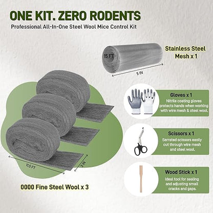 Steel Wool Mice Control, 3 Pack 3’’x11.5Ft Steel Wool & 1 Pack 5’’x15Ft Stainless Steel Wire Mesh with Gloves, Scissors & Wood Stick, Mouse Hole Filler DIY Kit for House & Garage, Wall Gaps