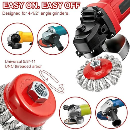 9 Pack Wire Wheel Brush for Angle Grinder, Wire Wheels Attachment for 4-1/2" Angle Grinders, Screws on 5/8” Thread, 4 Inch Knotted Twist Carbon Steel Brush Set for Rust, Paint & Metal Removal