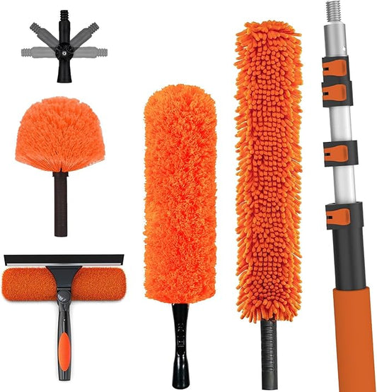 LAANPOLE 26FT High Reach Duster Cleaning Kit with Extension Pole, High Ceiling Fan Cleaner Duster Tool for Fan Blades, Window Washing Kit with Microfiber Feather Duster & Window Squeegee