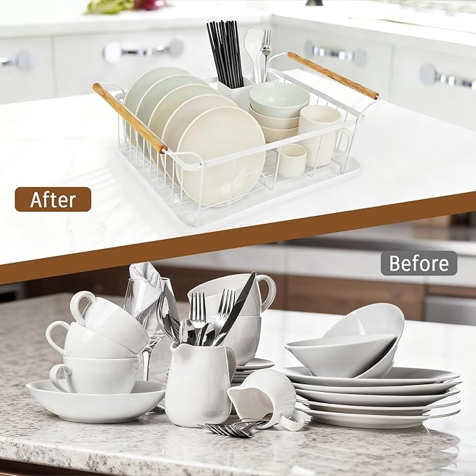 Dish Racks for Kitchen Counter, Thickened Metal Dish Drying Rack with Wooden Handles, Kitchen Countertop Organizer for Dishes, Spoons and Forks, No Assembly, White, 18.7''*12.6''*5.51''