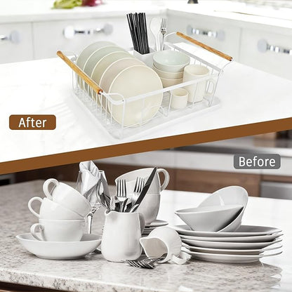 Dish Racks for Kitchen Counter, Thickened Metal Dish Drying Rack with Wooden Handles, Kitchen Countertop Organizer for Dishes, Spoons and Forks, No Assembly, White, 18.7''*12.6''*5.51''
