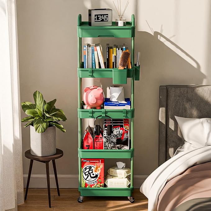 Sorgion 5 Tier Rolling Cart Organizer,Bathroom Cart Organizers with Wheels Laundry Room Organization Mobile Shelving Unit Utility Cart Storage Shelves Multi-Functional for Office, Home(Green)