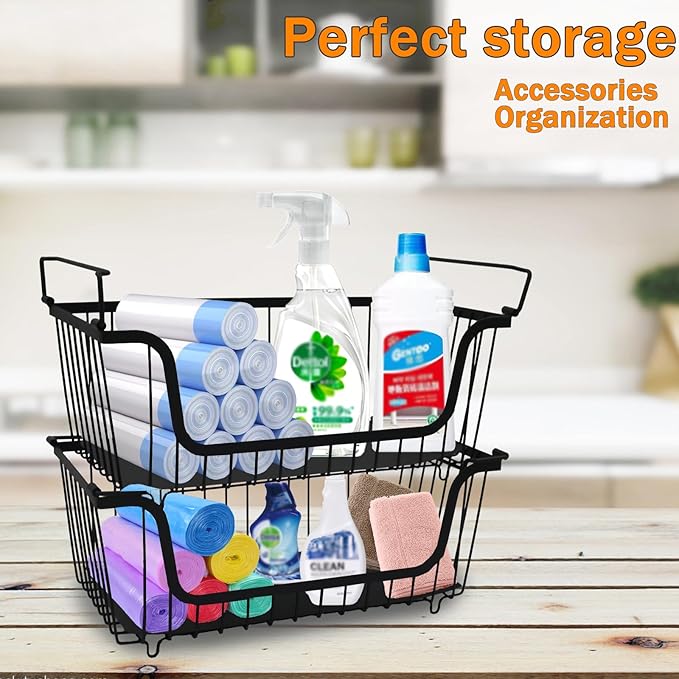2 Pack Cleaning Supply Caddy and Trash Bag Holder Stand Set,Stackable Wire Storage Baskets,Under Sink Organizer,Cleaning Products Storage Organizer with Handles for Bathroom, Bedroom,Kitchen