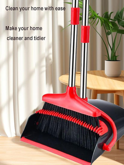 Broom and Dustpan Set, Stand Upright Windproof Dustpan, Long Handle Broom and Dustpan with Teeth for Home Kitchen Room Office Lobby Floor Cleaning (Black+Red)