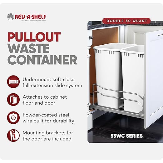 Rev-A-Shelf Double Pullout Trash Cans for Full Height Kitchen Cabinets 50 Quart 12.5 Gallon with Soft-Close Slides, 14.5" Min Opening, 53WC-2150SCDM-211