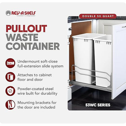Rev-A-Shelf Double Pullout Trash Cans for Full Height Kitchen Cabinets 50 Quart 12.5 Gallon with Soft-Close Slides, 14.5" Min Opening, 53WC-2150SCDM-211