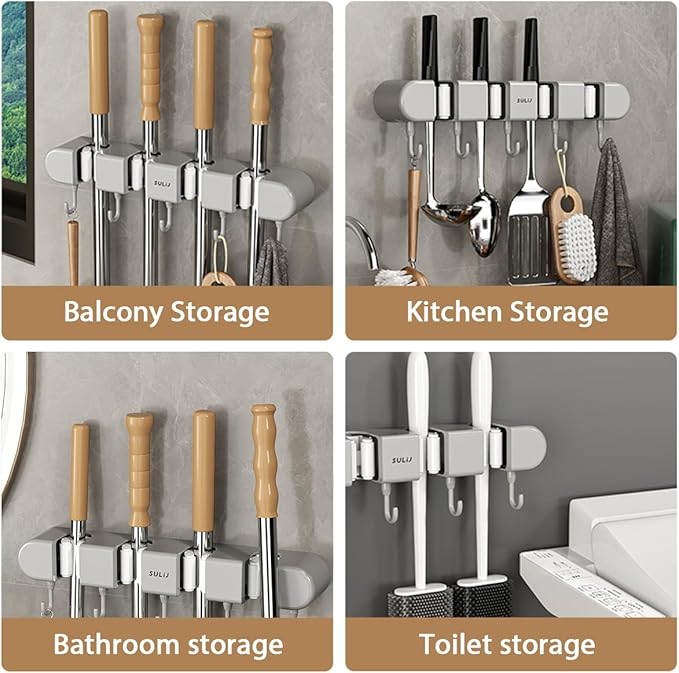 3PCS Broom Holder Wall Mount, No-Drilling Self-Adhesive Mop and Broom Storage Rack (4 Racks with 5 Hooks),Wall-Mounted Broom Hanger for Bathroom, Kitchen, Closet, Garage (Gray)