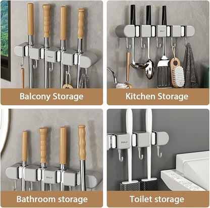 3PCS Broom Holder Wall Mount, No-Drilling Self-Adhesive Mop and Broom Storage Rack (4 Racks with 5 Hooks),Wall-Mounted Broom Hanger for Bathroom, Kitchen, Closet, Garage (Gray)