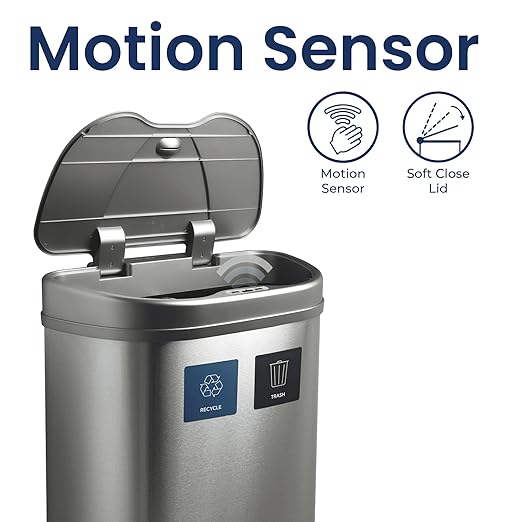 Ninestars 18.5 Gallons Automatic Touchless Kitchen Trash Can with Lid, Motion Sensor Trash Can for Kitchen, Office 70 Liter Stainless Steel Garbage Bin (2 x 9.2 Gallon Double Compartment)