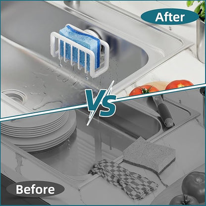 TAILI Sink Caddy with Strong Suction Cup, Sponge Holder for Kitchen Sink Oganizer, Removable Rustproof Aluminum Sponge Holder, Dish Brush for Scraper - White
