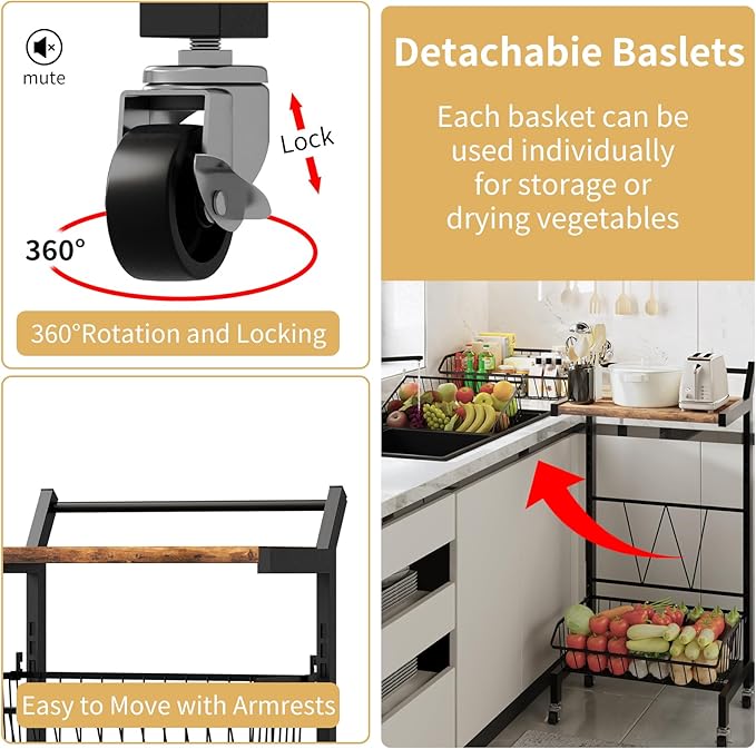 DGSANDGO 4-Tier Slim Rolling Storage Cart, Narrow Kitchen Cart with Lockable Wheels & Water-Resistant Wooden Tabletop, Small Space Utility Cart for Kitchen/Bathroom/Living Room/Laundry Room