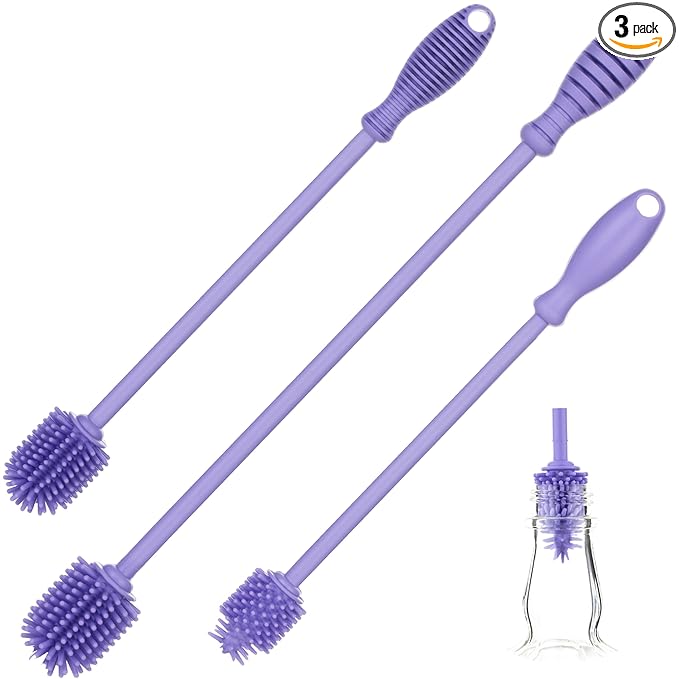 A-Brush Silicone Bottle Cleaner Brush, 3 Piece Set, Long Handle - Water Bottle Cleaner, Baby Bottle Nipple Brush for Plastic & Glass, BPA-Free Dish Washing Brush A2S Protection