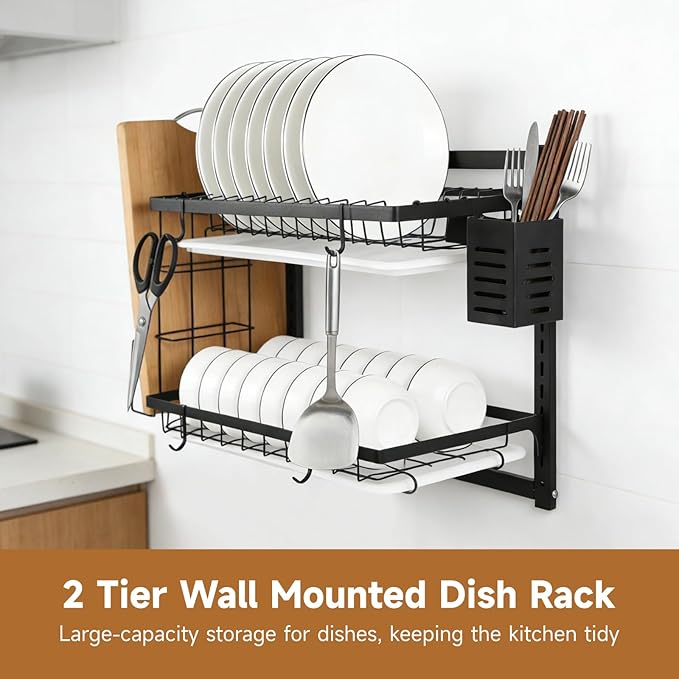 OMISTAR 2 Tier Wall Mounted Dish Rack, Large Capacity Hanging Dish Drying Rack Adjustable Heights, Carbon Steel Frame with Cutting Board Holder, Utensil Holder for Kitchen, Black