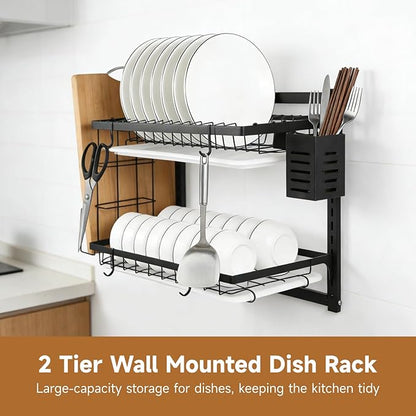 OMISTAR 2 Tier Wall Mounted Dish Rack, Large Capacity Hanging Dish Drying Rack Adjustable Heights, Carbon Steel Frame with Cutting Board Holder, Utensil Holder for Kitchen, Black