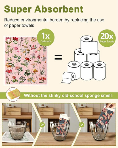 Miss Adola 8 Pack Reusable Kitchen Swedish Dishcloths for Washing Dishes - Absorbent Fast Drying Cleaning Sponge with Cute Flower Design - Washable Decor Cloths