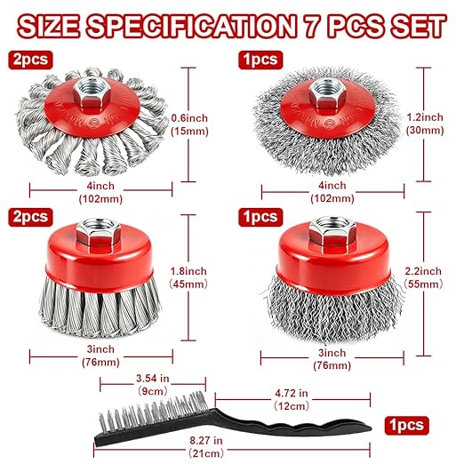 7-Pack Wire Wheel for 4-1/2" Angle Grinder, 4 Inch Carbon Steel Knotted Twist & Crimped Wire Wheels, 3" Stainless Cup Brush Set, Fits 5/8"-11 UNC Arbor for Rust, Paint, Metal Removal & Cleaning