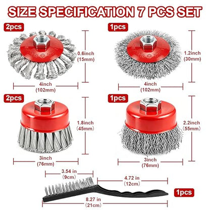 7-Pack Wire Wheel for 4-1/2" Angle Grinder, 4 Inch Carbon Steel Knotted Twist & Crimped Wire Wheels, 3" Stainless Cup Brush Set, Fits 5/8"-11 UNC Arbor for Rust, Paint, Metal Removal & Cleaning